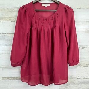 LOFT Blouse XS‎ Maroon Red Pintuck Relaxed A Line Sheer 3/4 Slv Button Cuff Top